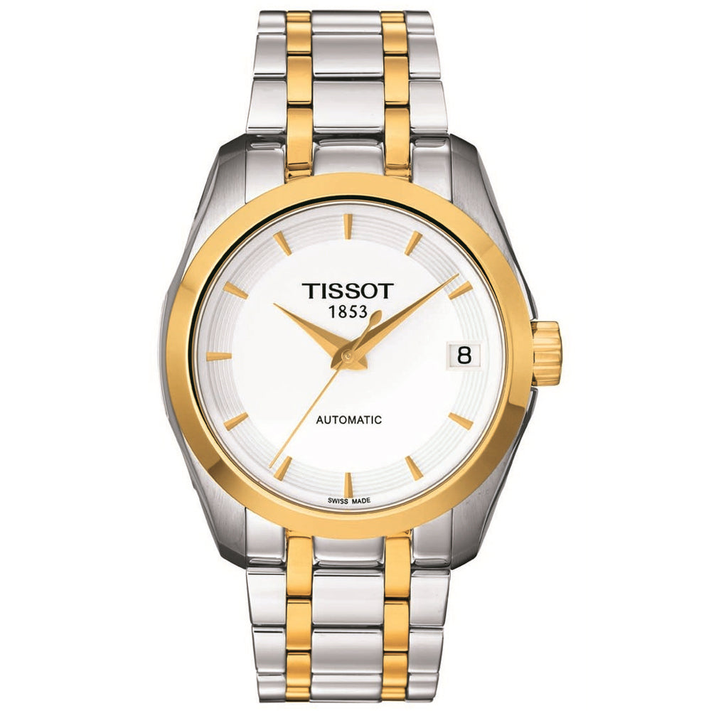 tissot couturier 32mm white dial yellow gold pvd steel bicolour automatic ladies watch front facing upright image