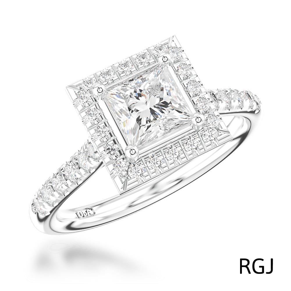 The Skye Platinum Princess Cut 0.41ct Diamond Engagement Ring With 0.33ct Diamond Halo And Diamond Set Shoulders