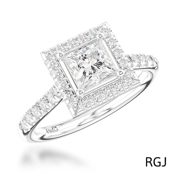 The Skye Platinum Princess Cut 0.41ct Diamond Engagement Ring With 0.33ct Diamond Halo And Diamond Set Shoulders