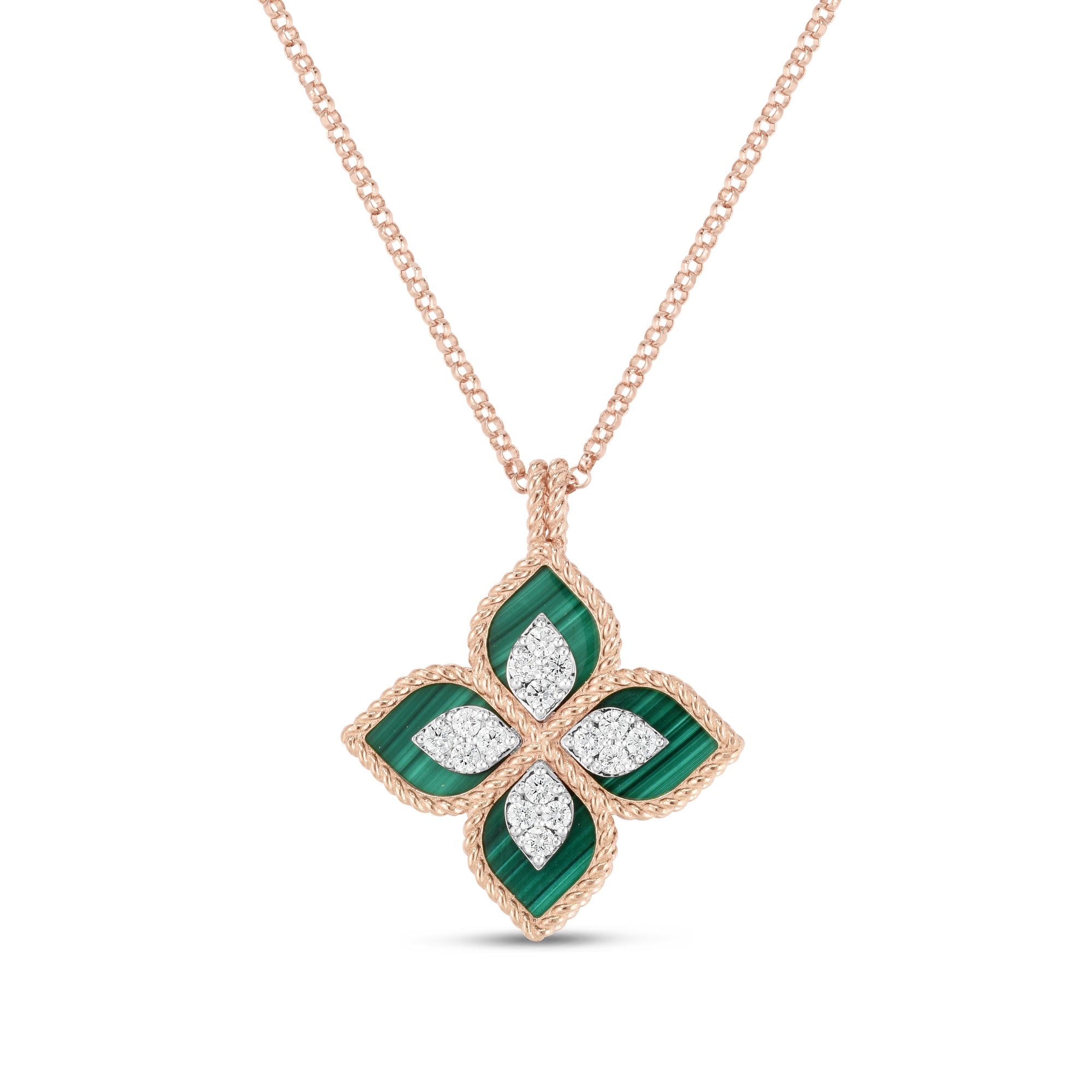 Roberto Coin 18ct Rose Gold Malachite Princess Flower Diamond Necklace ADV888CL1837_01 18R