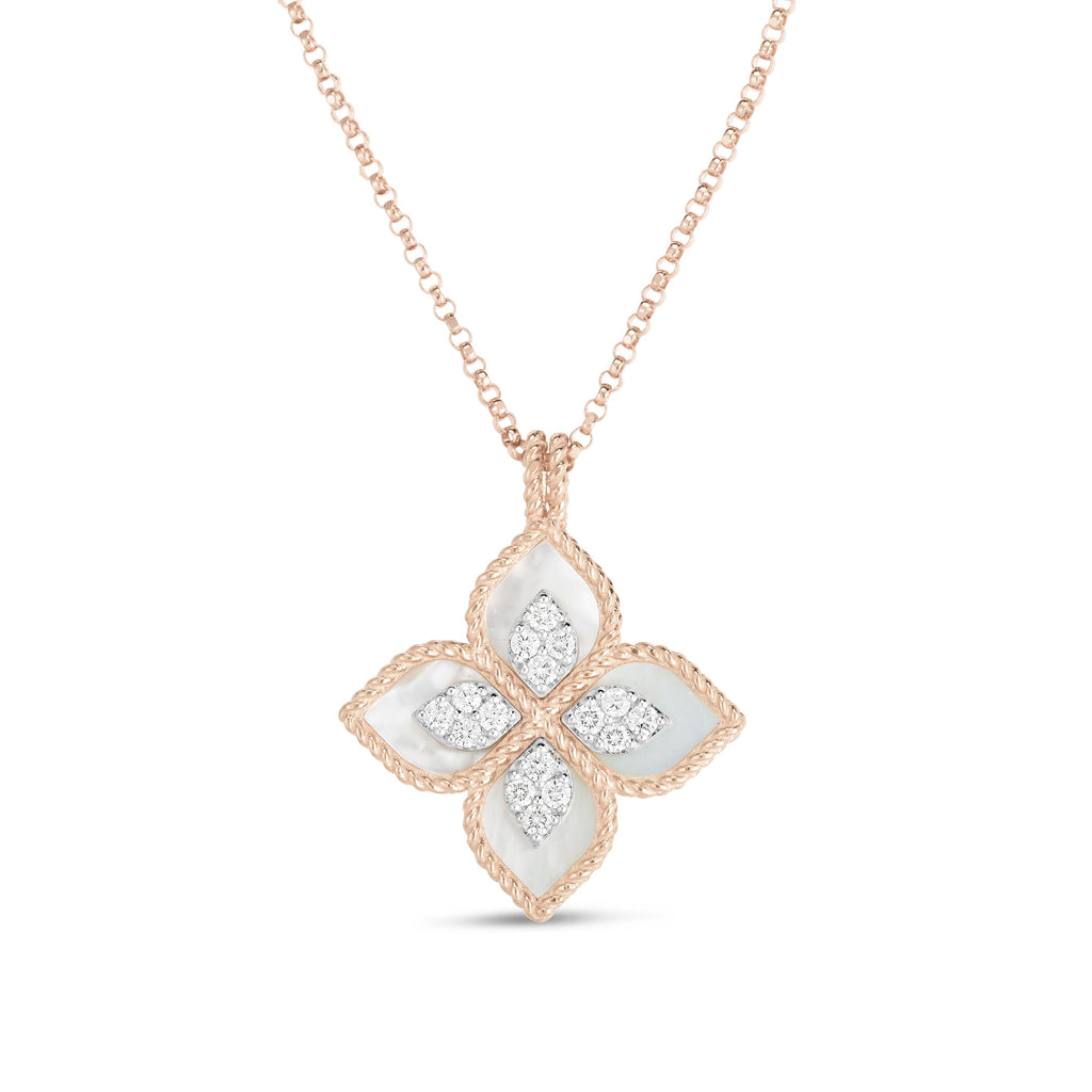 Roberto Coin 18ct Rose Gold Mother Of Pearl Princess Flower Diamond Necklace ADV888CL1837_02 18RW