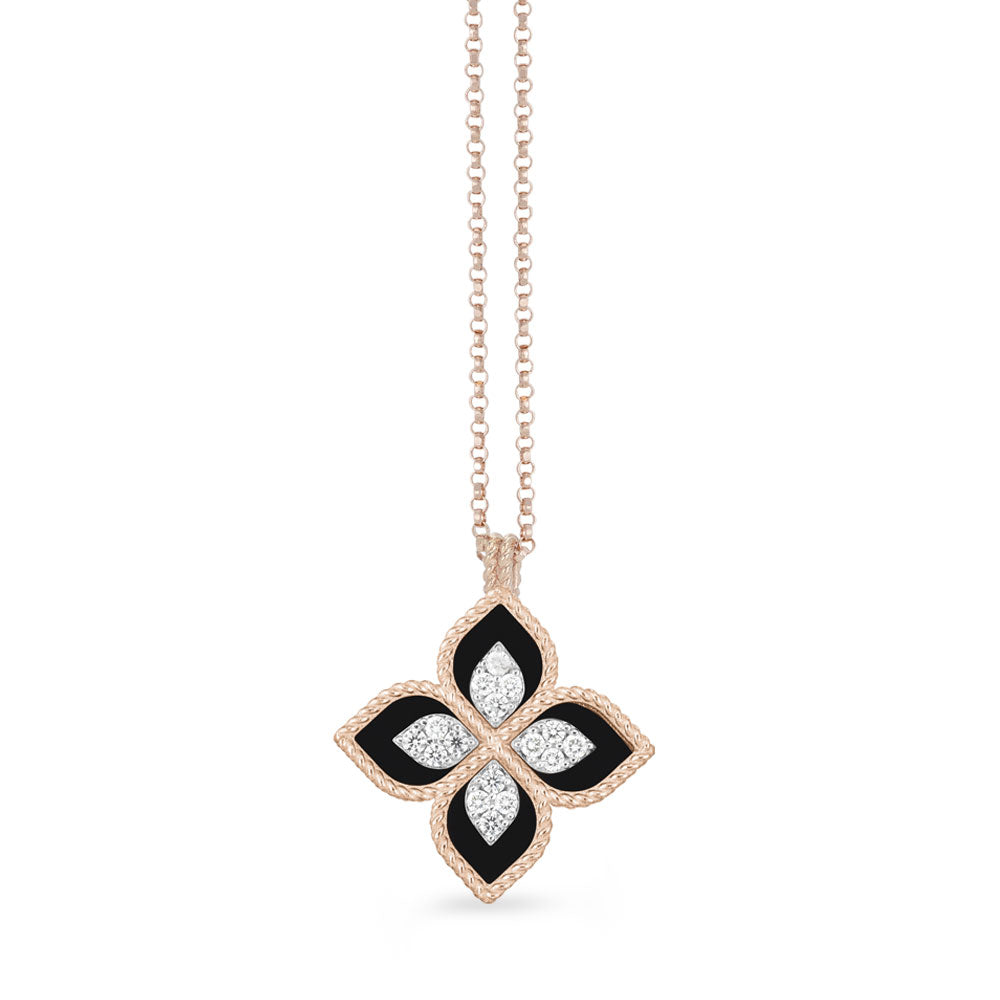 Roberto Coin 18ct Rose Gold Black Jade Princess Flower Diamond Necklace ADV888CL1837 18R