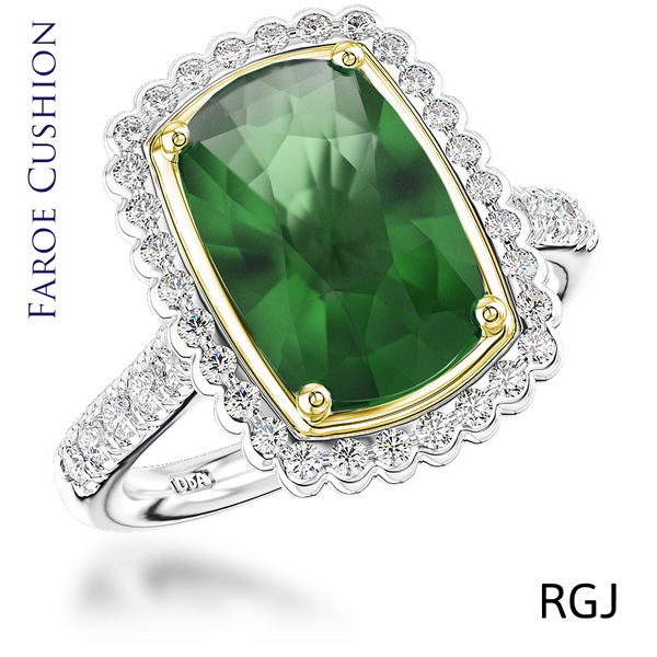 the faroe platinum and 18ct yellow gold 1.51ct cushion cut green tourmaline ring with 0.39ct round brilliant cut diamond halo and set shoulders