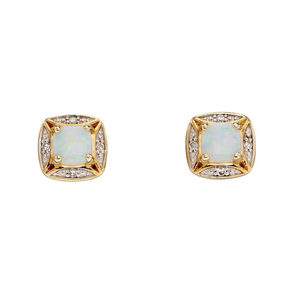 9ct Yellow Gold Opal And Diamond Square Stud Earrings GE2317W