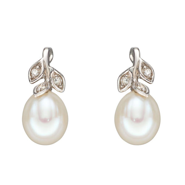 9ct White Gold Freshwater Pearl And Diamond Leaf Drop Earrings GE2342W