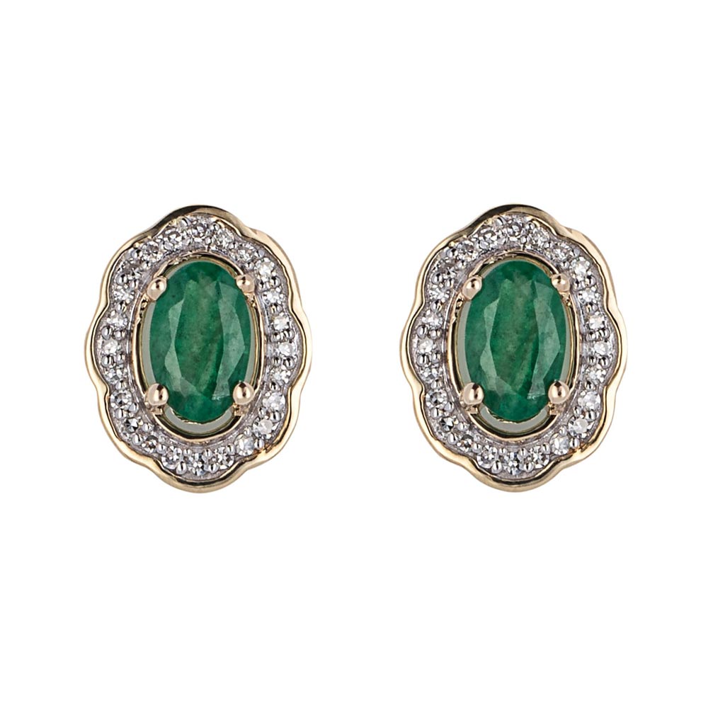 9ct Yellow Gold Ornate Emerald And Diamond Halo Stud Earrings GE2414G