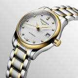 longines master collection 25.5mm silver dial 18ct gold & steel diamond automatic ladies watch dial close up