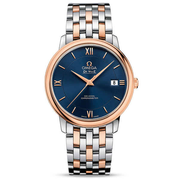 omega de ville prestige 36.8mm blue dial 18ct red gold & steel gents automatic watch
