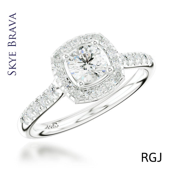 The Skye Brava Platinum Round Brilliant Cut Diamond Engagement Ring With Diamond Halo And Diamond Set Shoulders
