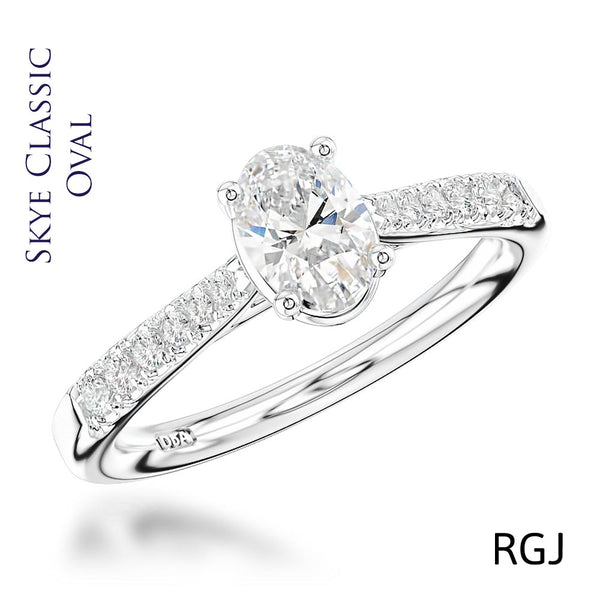 The Skye Classic Platinum Oval Cut Diamond Solitaire Engagement Ring With Diamond Set Shoulders