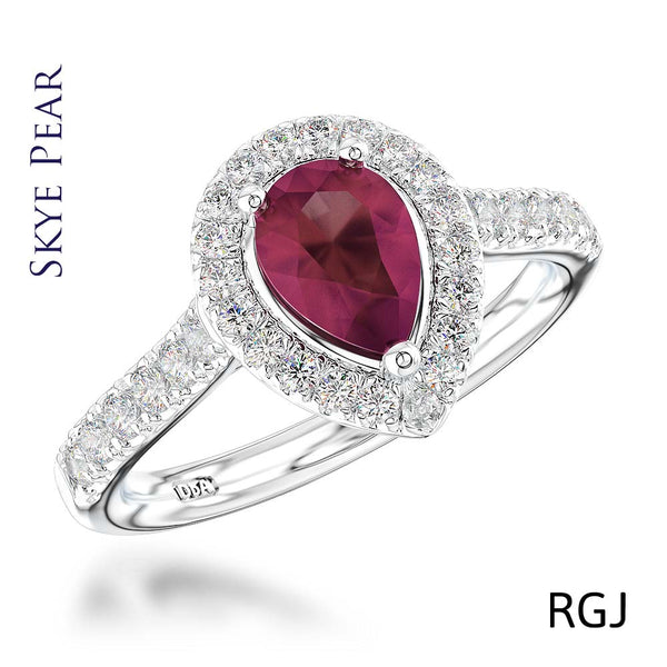 The Skye Platinum 1.92ct Pear Cut Ruby Ring With 0.44ct Diamond Halo And Diamond Set Shoulders