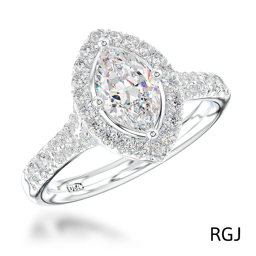 The Skye Saturn Platinum Marquise Cut Diamond Engagement Ring With Diamond Halo And Diamond Set Split Shoulders