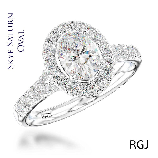 The Skye Saturn Platinum Oval Cut Diamond Engagement Ring With Diamond Halo And Diamond Set Shoulders