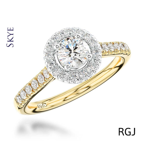 The Skye 18ct Yellow Gold And Platinum Round Brilliant Cut Diamond Engagement Ring With Diamond Halo And Diamond Set Shoulders