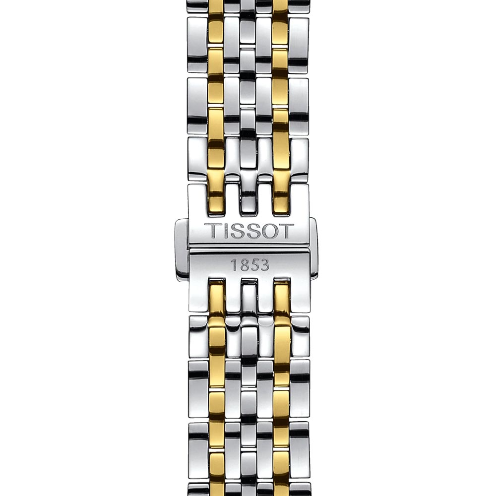 tissot le locle powermatic 80 39.3mm silver dial gold pvd steel bi-colour automatic gents watch clasp view