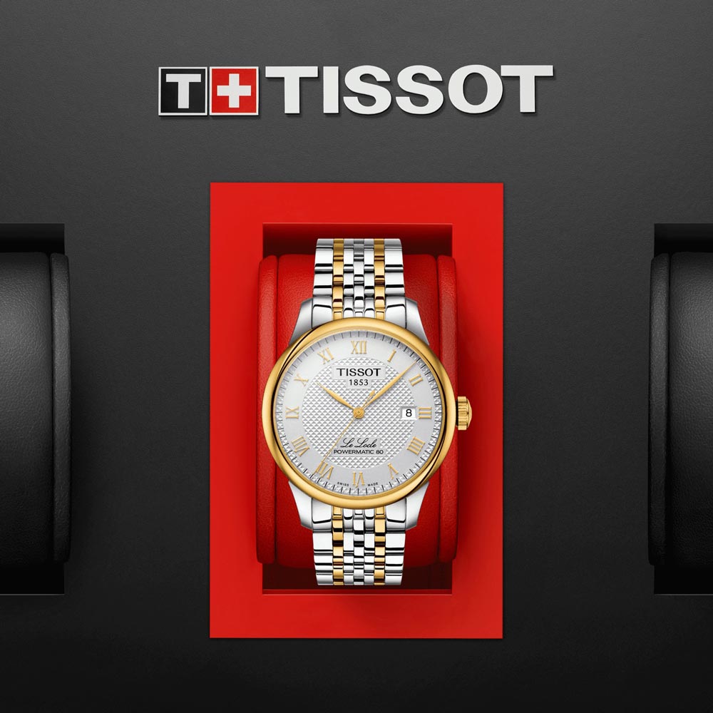 tissot le locle powermatic 80 39.3mm silver dial gold pvd steel bi-colour automatic gents watch in presentation box
