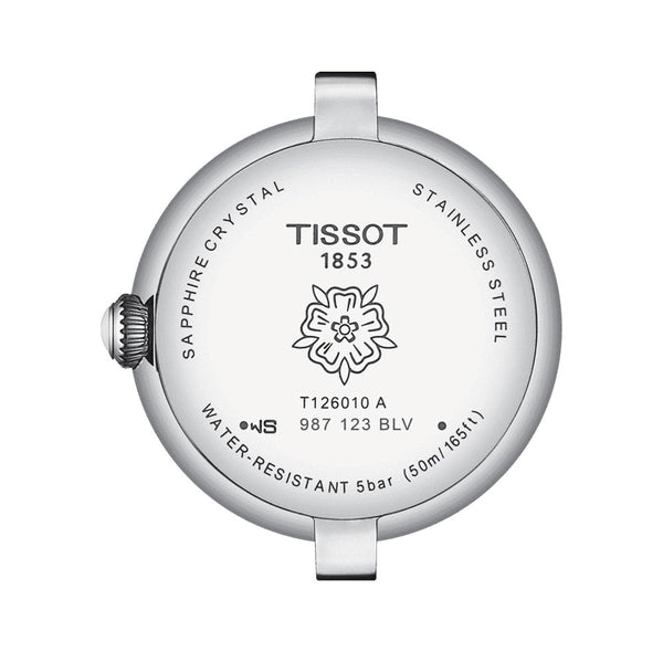 tissot bellissima small lady 26mm silver dial quartz watch case back view