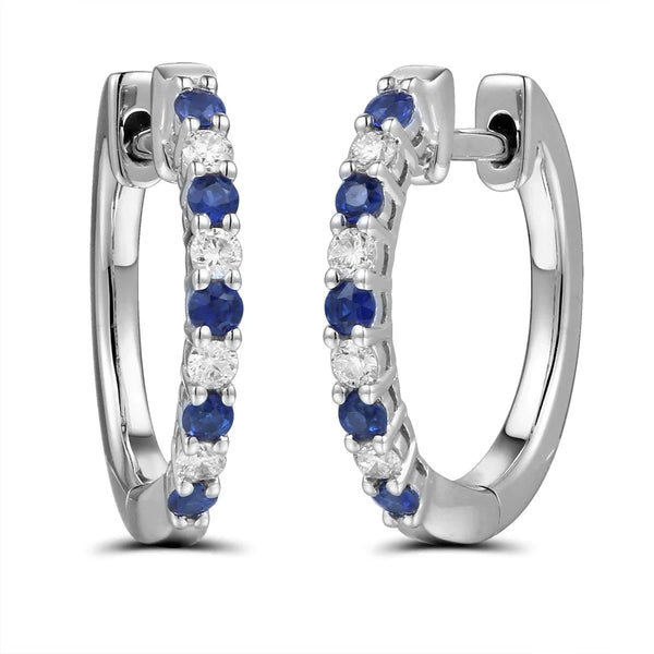 18ct White Gold Round Brilliant Cut 0.19ct Blue Sapphire And 0.11ct Diamond Hoop Earrings