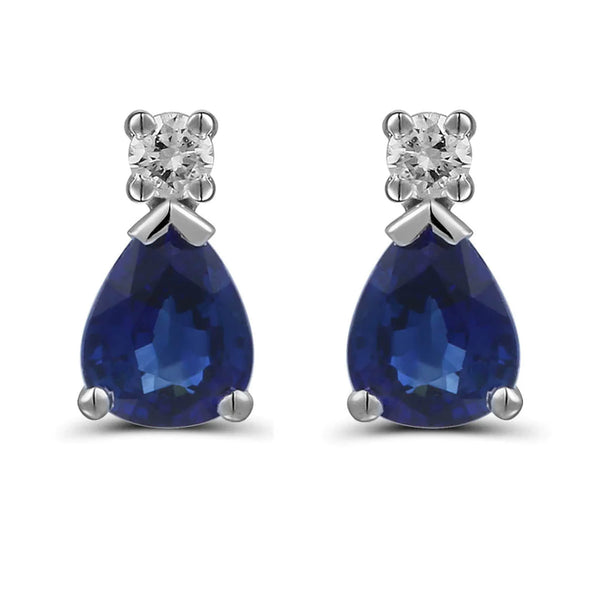 18ct White Gold 0.74ct Pear Cut Blue Sapphire And 0.06ct Round Brilliant Cut Diamond Drop Earrings