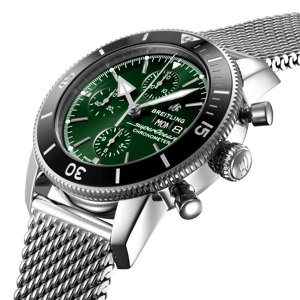 breitling superocean heritage chronograph 44mm green dial automatic gents watch lug view