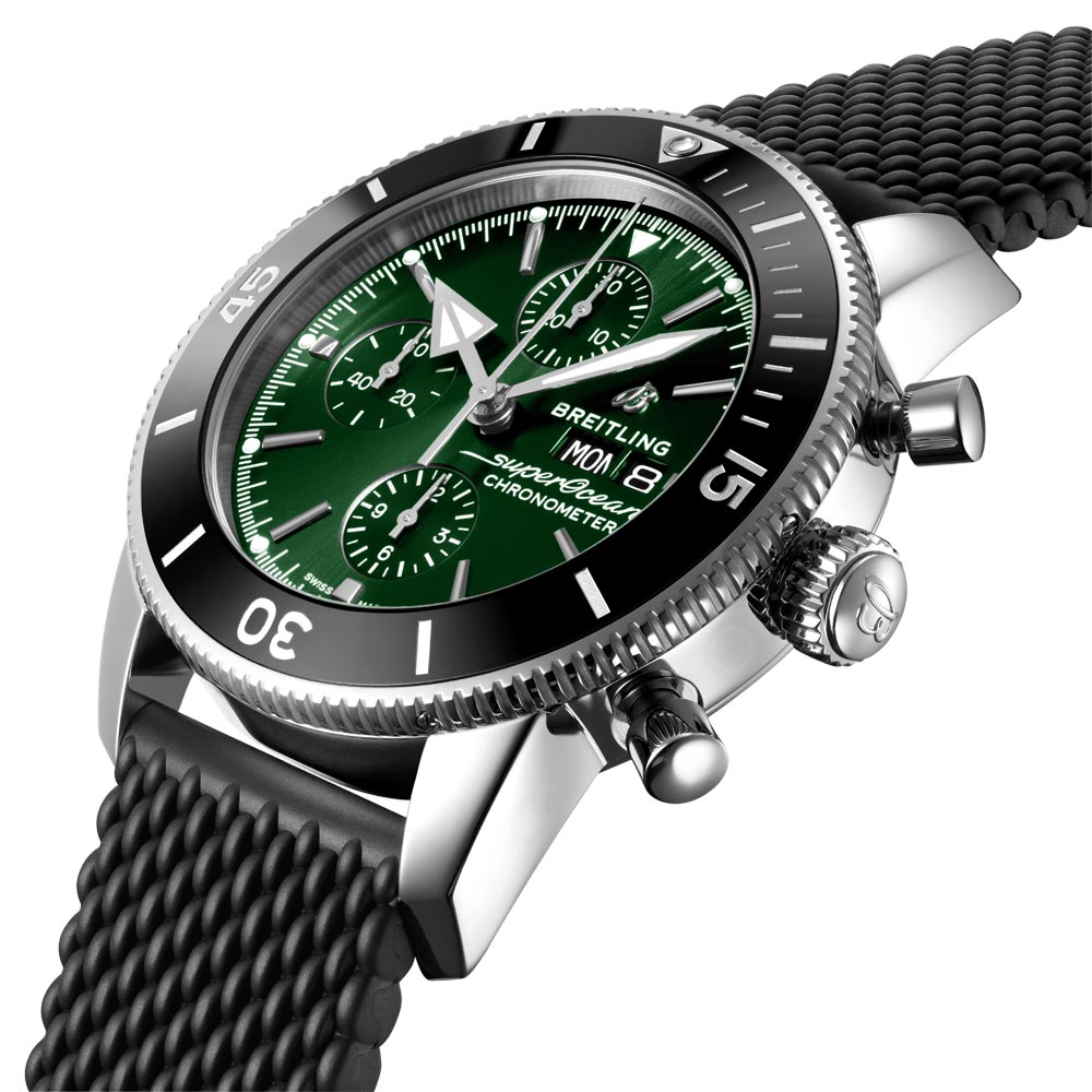 breitling superocean heritage chronograph 44mm green dial automatic gents watch lug view