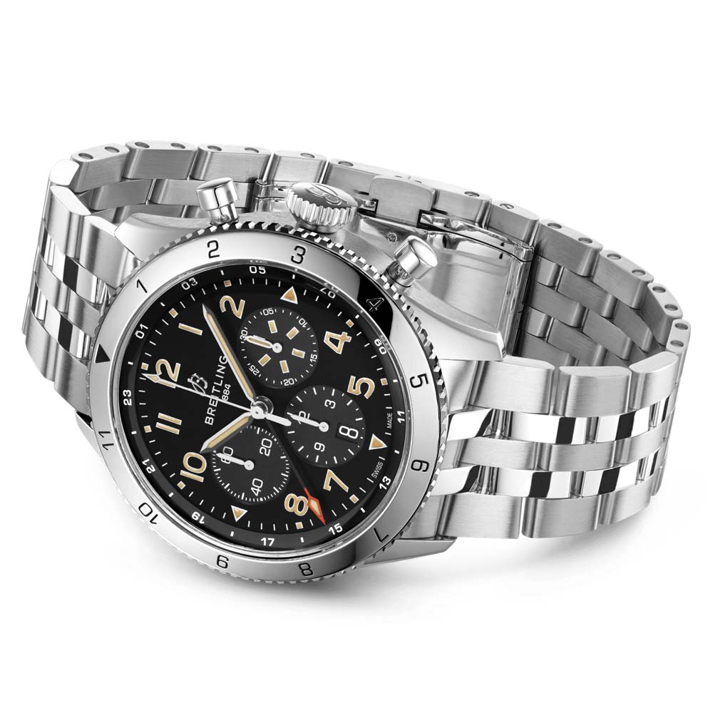 breitling avi b04 chronograph gmt p-51 mustang 46mm black dial automatic gents watch