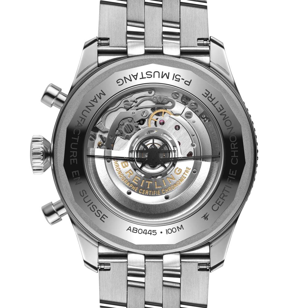 breitling avi b04 chronograph gmt p-51 mustang 46mm black dial automatic gents watch case back view