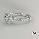 The Skye Platinum Round Brilliant Cut Diamond Engagement Ring With Diamond Halo And Diamond Set Shoulders