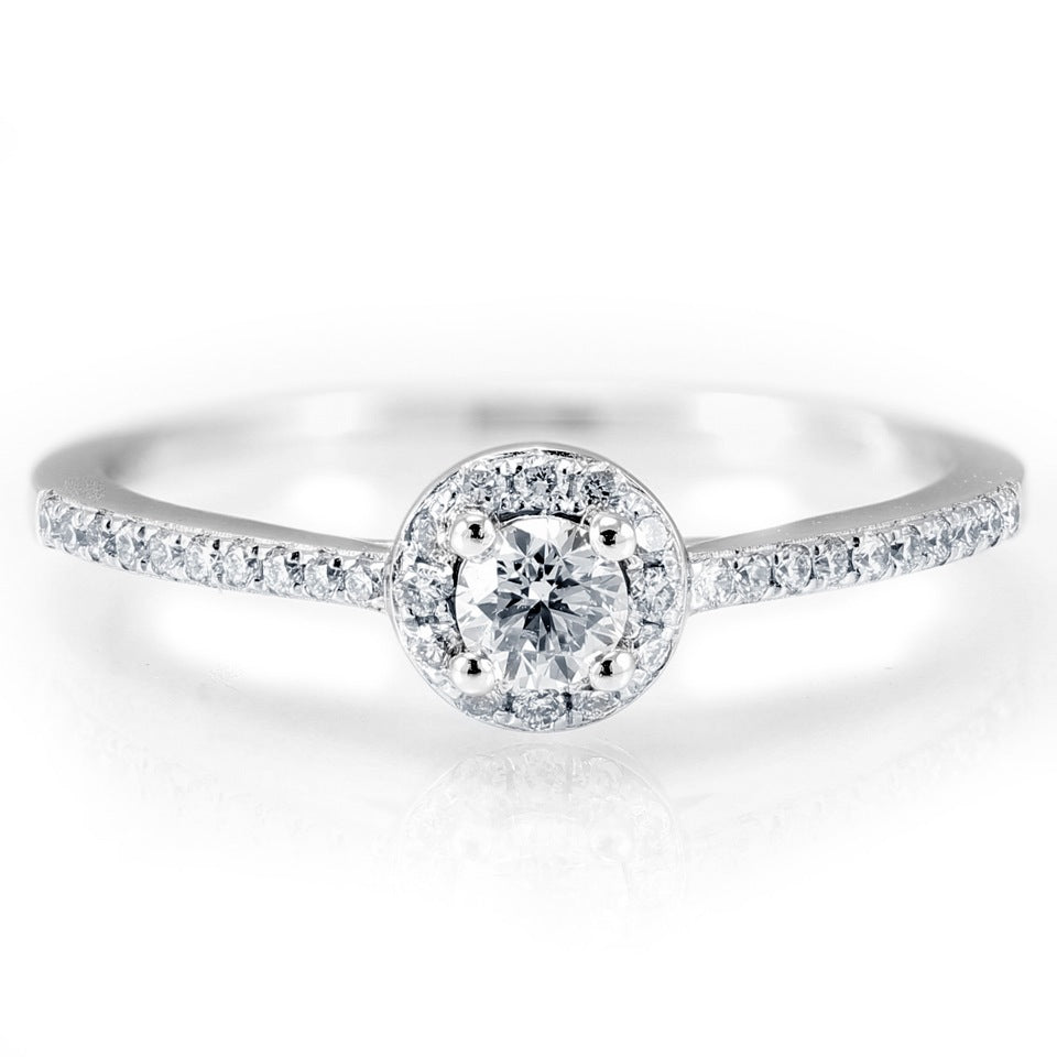 The Buttercup Platinum Round Brilliant Cut Diamond Halo Engagement Ring With Diamond Set Shoulders