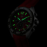 tag heuer formula 1 43mm red dial quartz chronograph gents watch in the dark shot