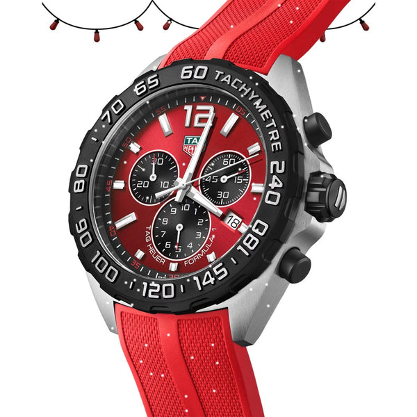 tag heuer formula 1 43mm red dial quartz chronograph gents watch dial close up