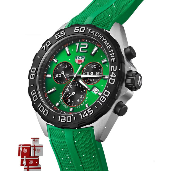 tag heuer formula 1 43mm green dial quartz chronograph gents watch dial close up