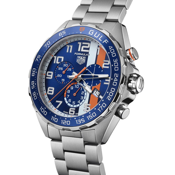 tag heuer formula 1 x gulf special edition chronograph 43mm blue dial watch