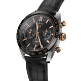 tag heuer carrera 44mm black dial 18ct rose gold & steel automatic chronograph gents watch dial close up