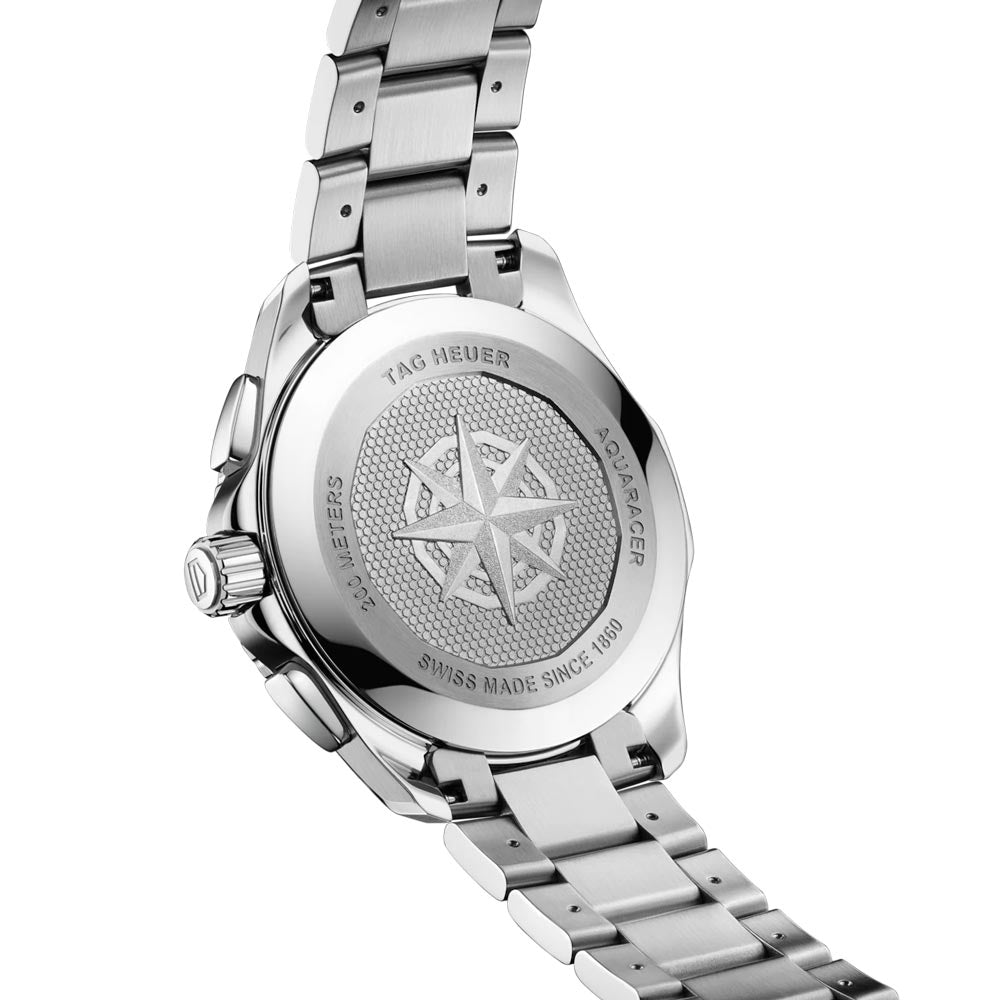 tag heuer aquaracer professional 200 date 40mm silver dial chronograph quartz gents watch case back view