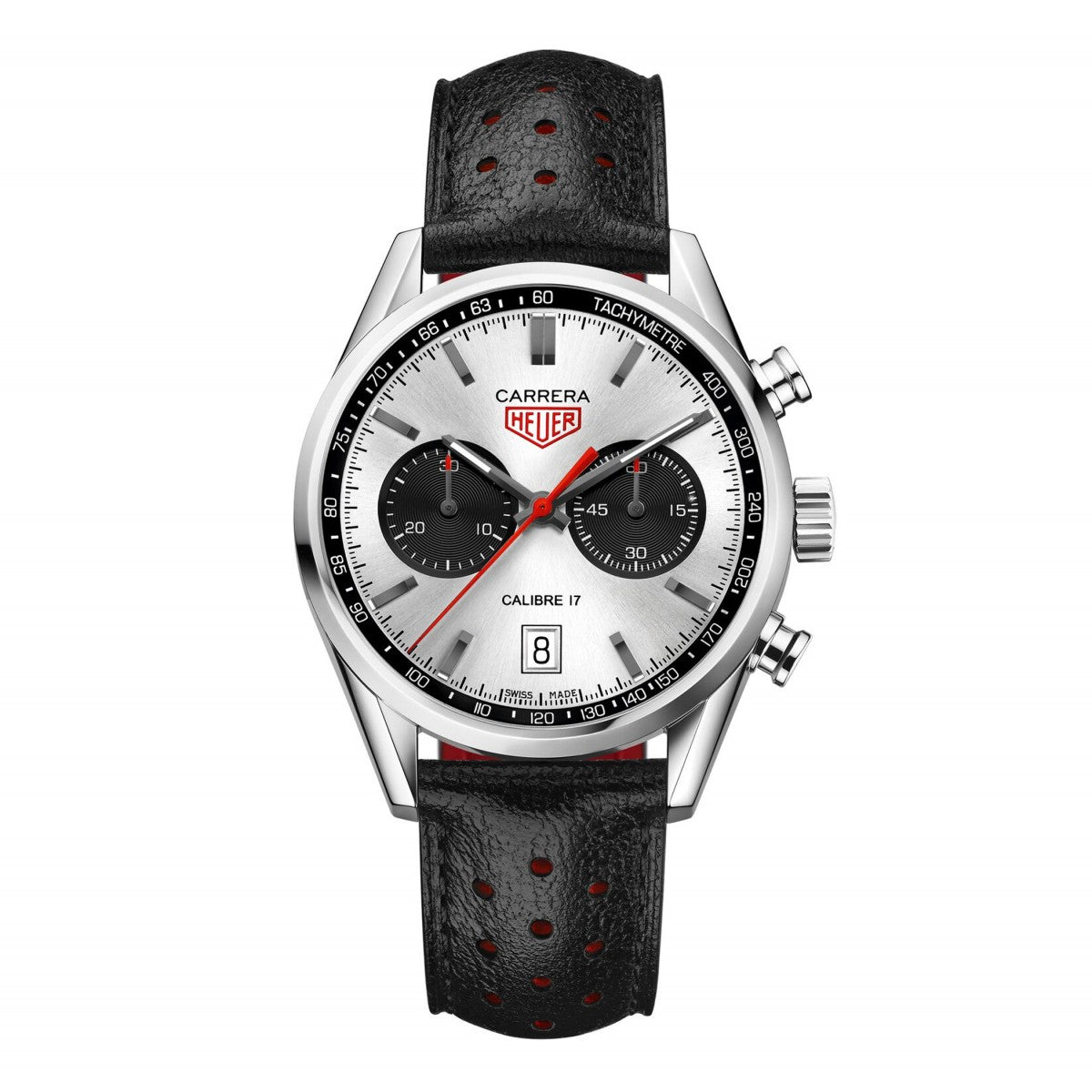 tag heuer carrera 41mm silver dial automatic chronograph stainless steel watch on a black leather strap front facing upright image