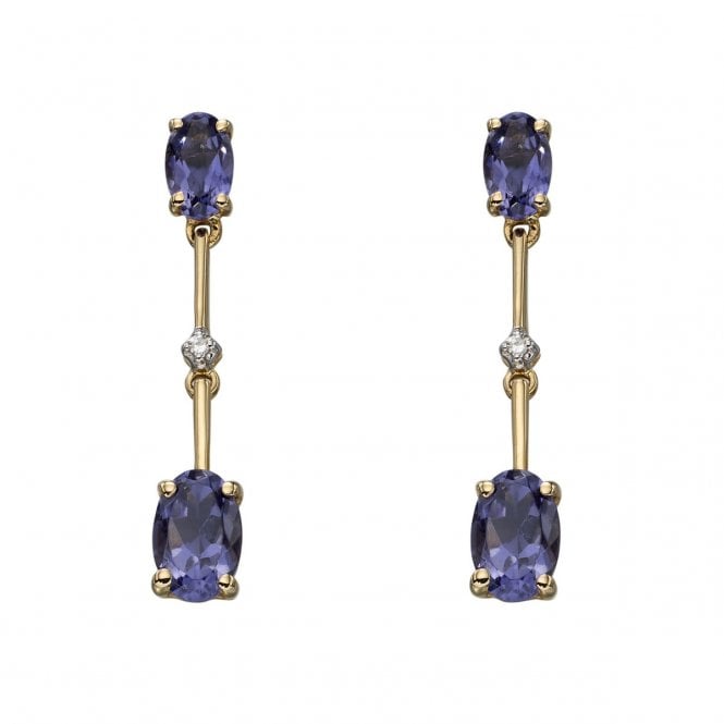 9ct Yellow Gold Double Iolite And Diamond Stick Drop Earrings GE2183M