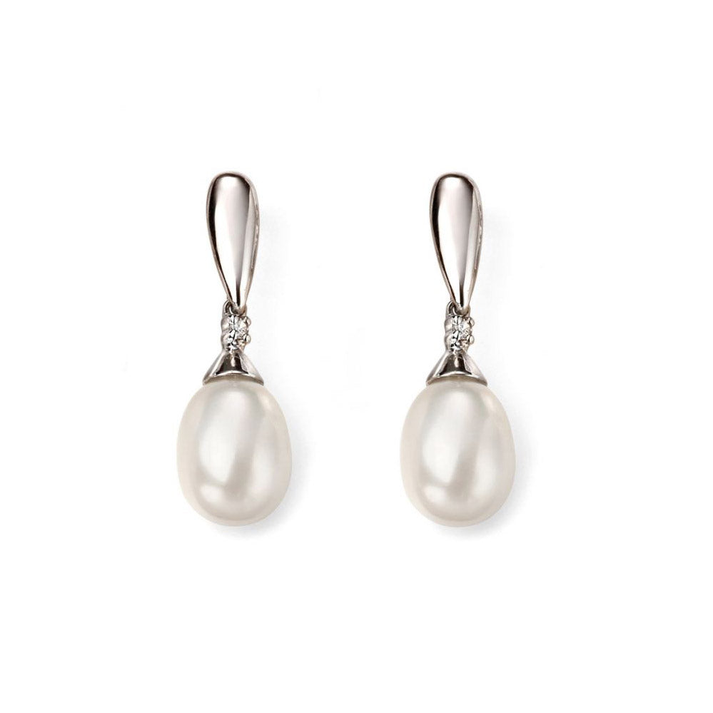 9ct White Gold Pearl And Diamond Drop Earrings GE2075W