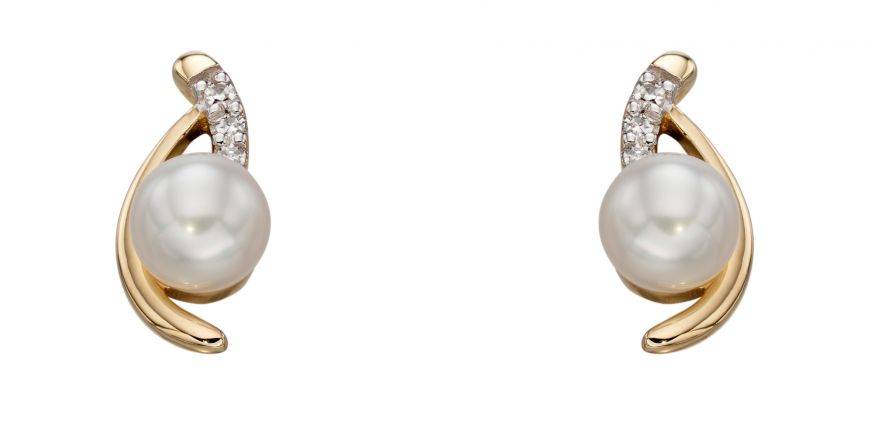 9ct Yellow Gold Freshwater Pearl And Diamond Stud Earrings