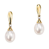 9ct Yellow Gold Diamond and White  Fresh Water Pearl Drop Stud Earrings GE780W