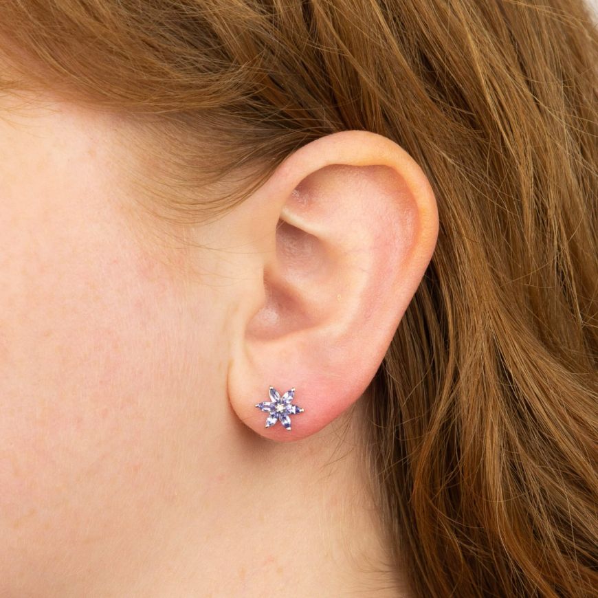 9ct White Gold Tanzanite and Diamond Flower Stud Earrings GE803M