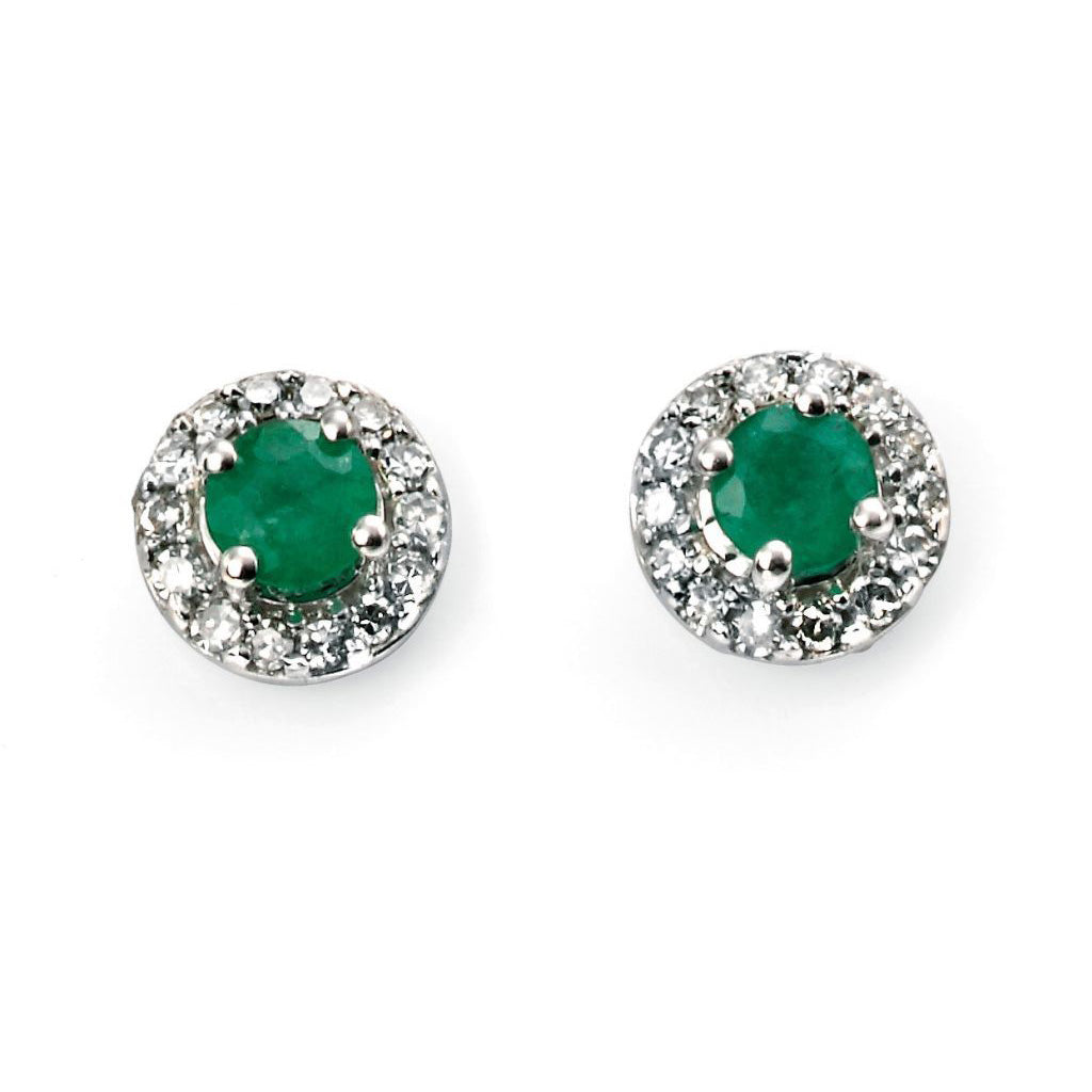 9ct White Gold Emerald And Diamond Cluster Stud Earrings GE888G