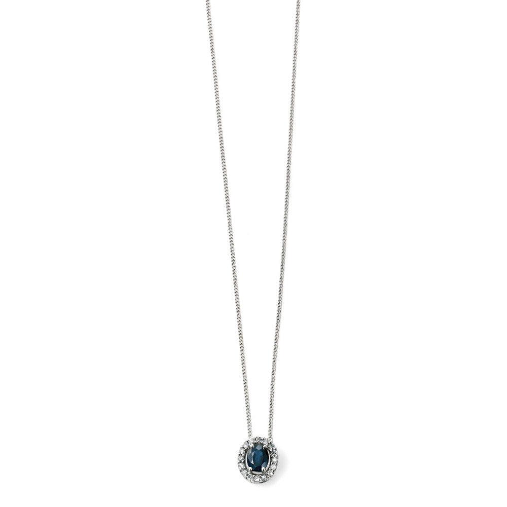 9ct White Gold Oval Sapphire And Diamond Cluster Necklace