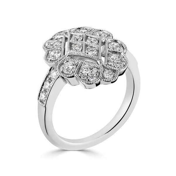 Platinum 0.87ct Round Brilliant Cut Diamond Scalloped Art Deco Ring
