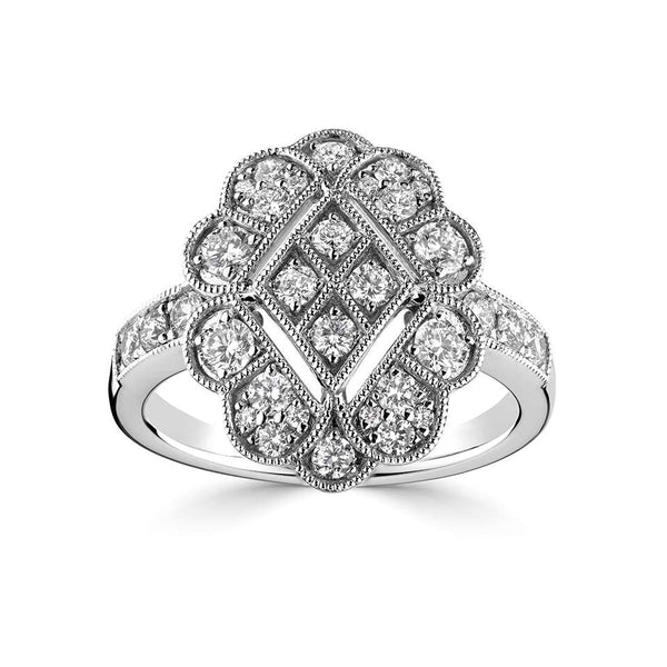Platinum 0.87ct Round Brilliant Cut Diamond Scalloped Art Deco Ring