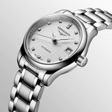 longines ladies master collection stainless steel diamond watch dial close up