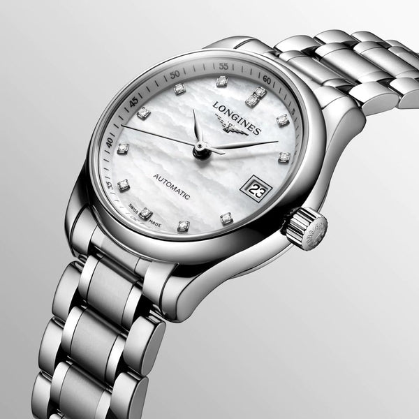 longines master collection automatic ladies diamond watch dial close up