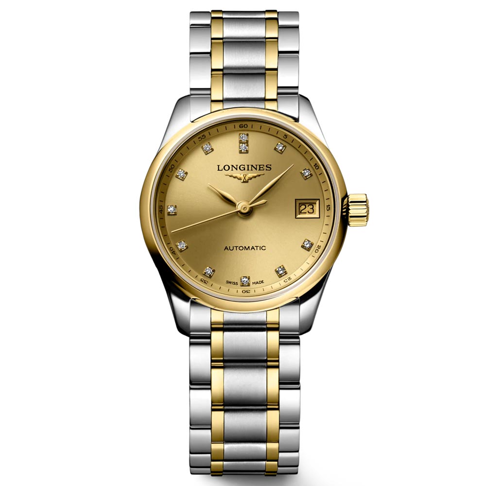 Longines Master Collection 25.5mm Gilt Dial 18ct Gold & Steel Diamond Automatic Ladies Watch L2.128.5.37.7