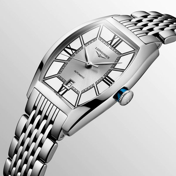 longines evidenza silver dial automatic ladies watch dial close up