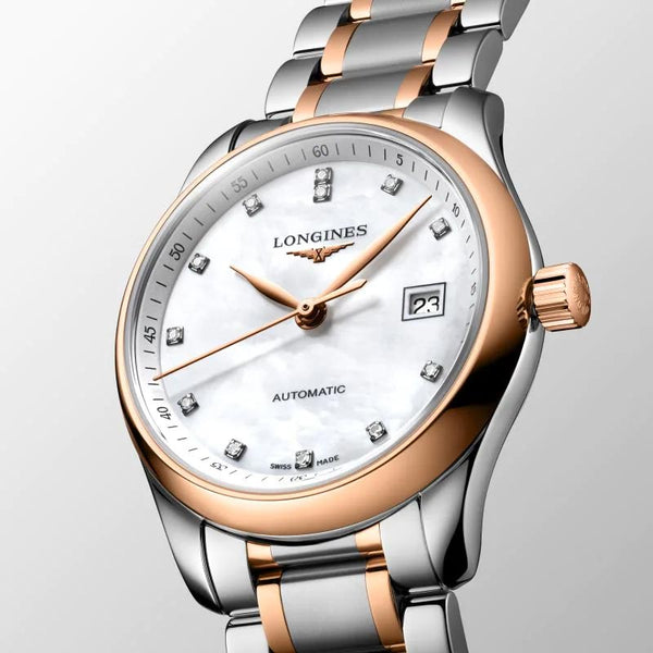 longines master collection 29mm 18ct rose gold capped steel diamond automatic ladies watch dial close up